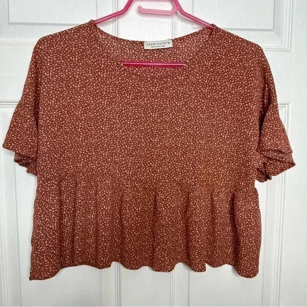 Paper Crane Peplum Shirt Brownish Red & White Size Large